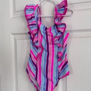 Cat & Jack Pink, Purple & Blue Striped Ruffle Swimsuit